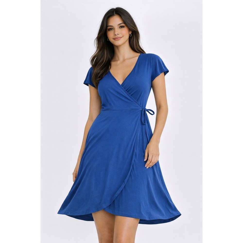Gilli Dress Womens Small Blue Wrap Flutter Sleeve V Neck Fit Flare Midi